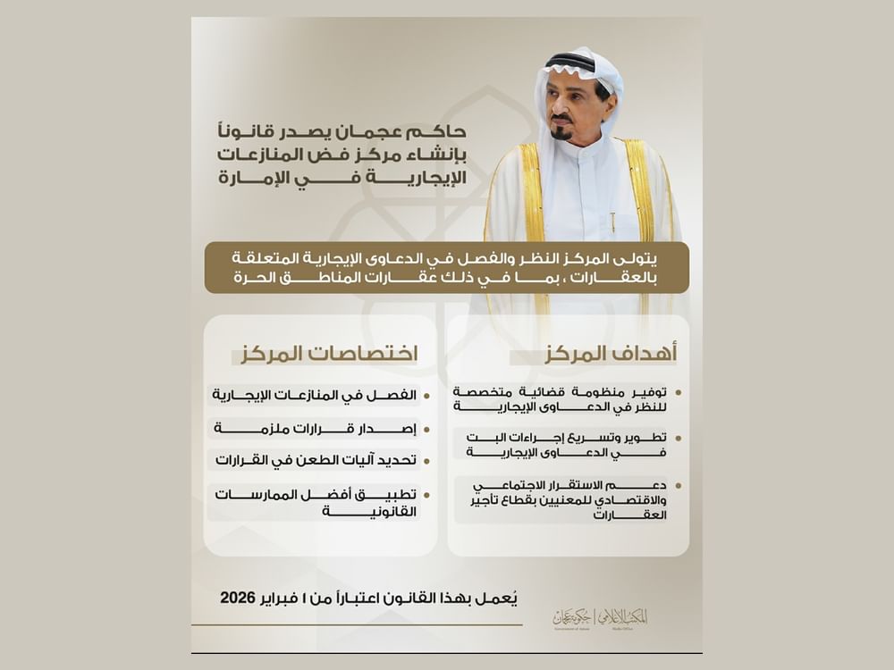 حاكم عجمان يصدر قانوناً بإنشاء مركز فض المنازعات الإيجارية في الإمارة