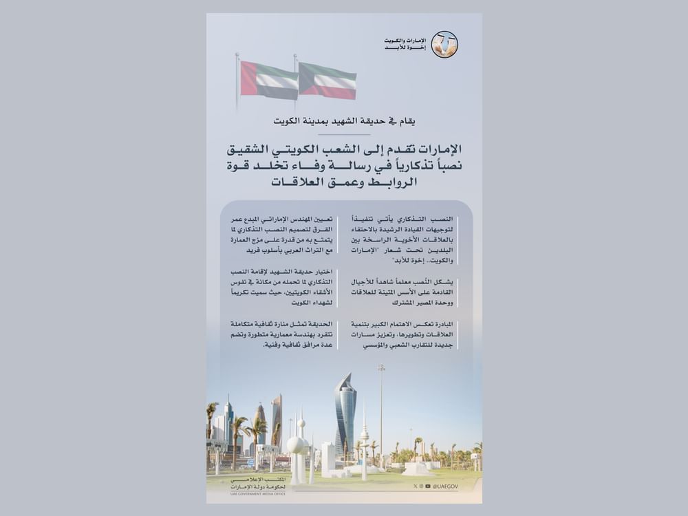 الإمارات تقدم نصباً تذكاري للشعب الكويتي في رسالة وفاء تخلد قوة الروابط