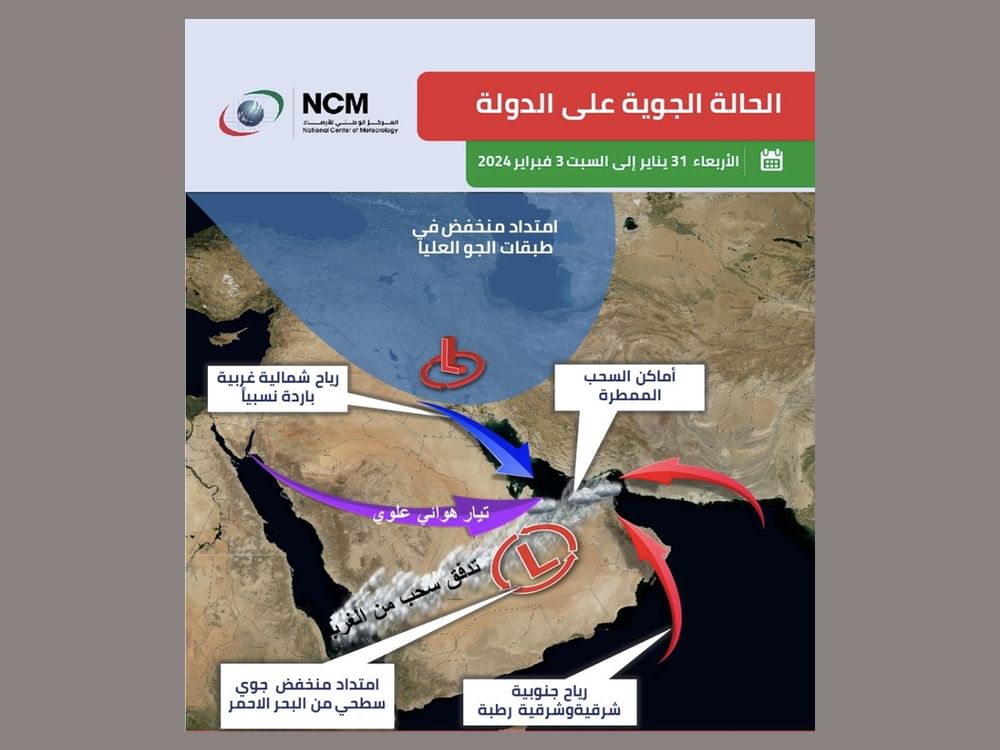 تأثر الدولة خلال الأيام المقبلة بامتداد منخفض جوي سطحي من الجنوب الغربي