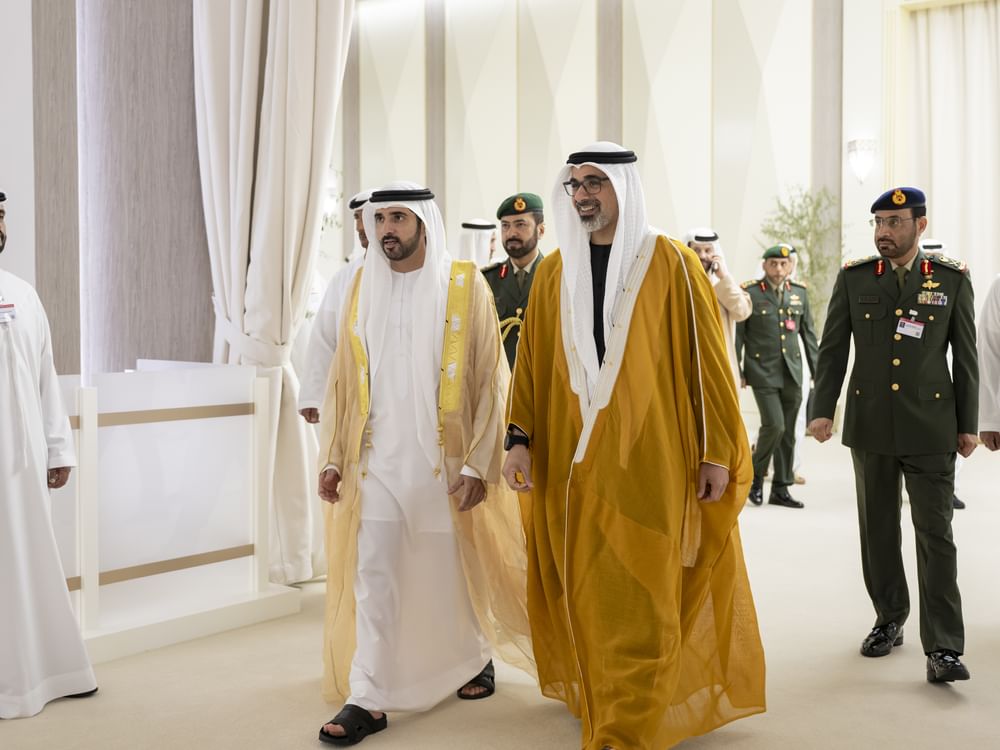 Khaled bin Mohamed bin Zayed, Hamdan bin Mohammed bin Rashid welcome delegations at Dubai Airshow 2025