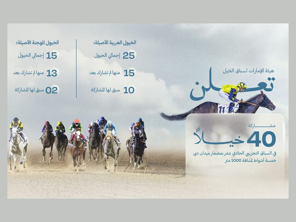 40 Arabian, thoroughbred horses participating in 11th trial race at Meydan Racecourse