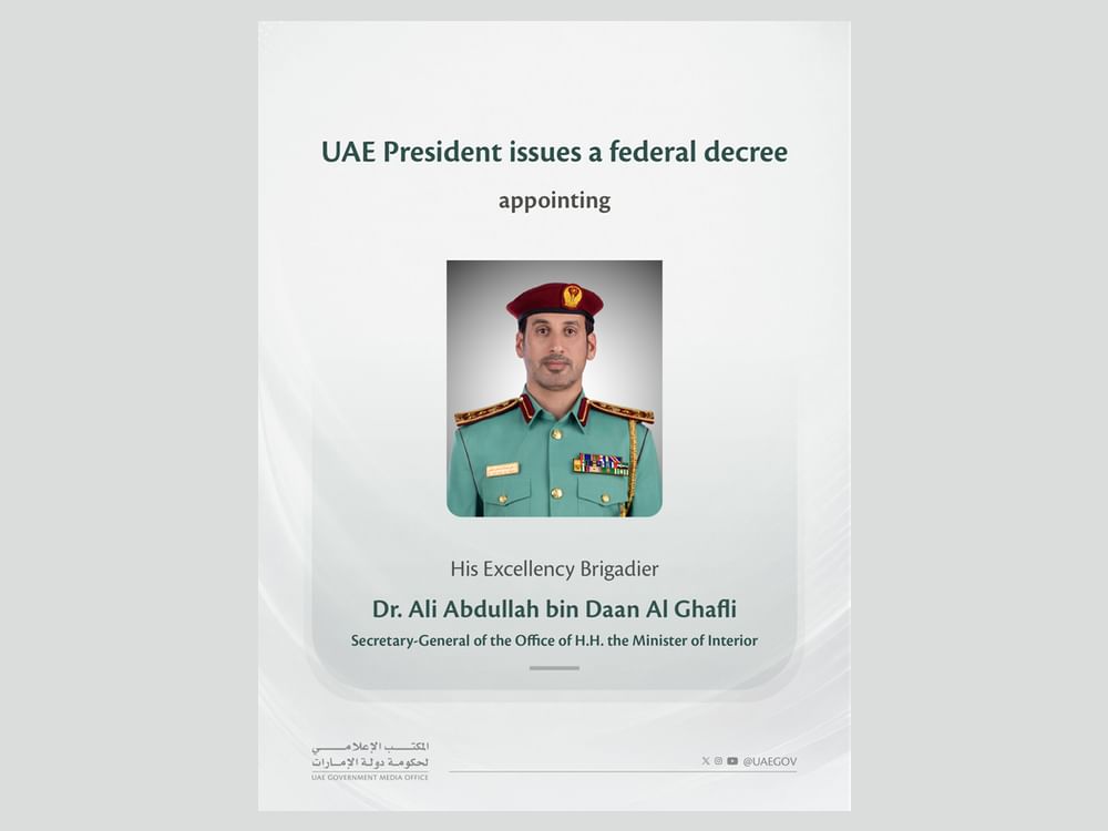 UAE President issues federal decree appointing Ali Abdullah bin Daan Al Ghafli Secretary-General of the Office of H.H. the Minister of Interior