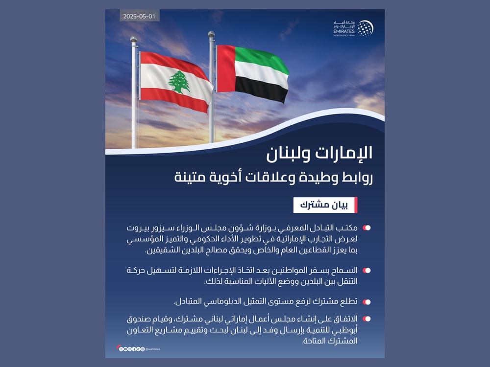بيان مشترك .. زيارة رئيس الجمهورية اللبنانية إلى الإمارات العربية المتحدة