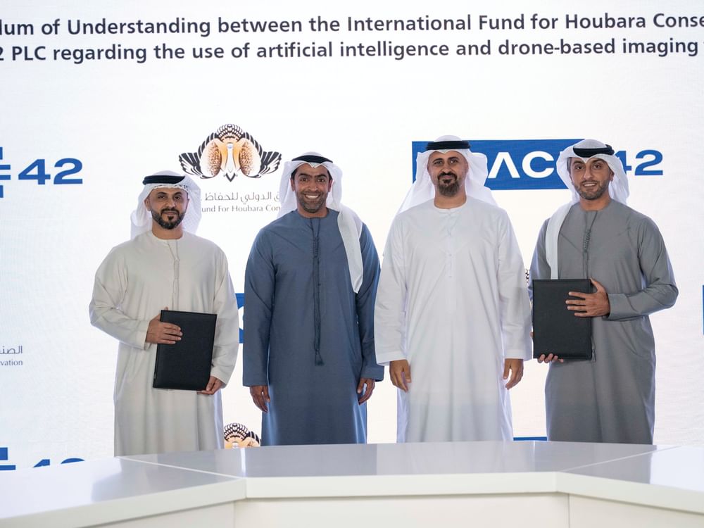 Theyab bin Mohamed bin Zayed witnesses signing of partnership between International Fund for Houbara Conservation, Space42