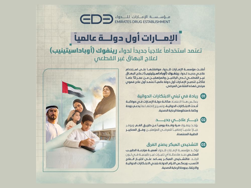 "الإمارات للدواء" تعتمد استخدام علاجي جديد لدواء "رينفوك" كأول علاج فموي للبهاق