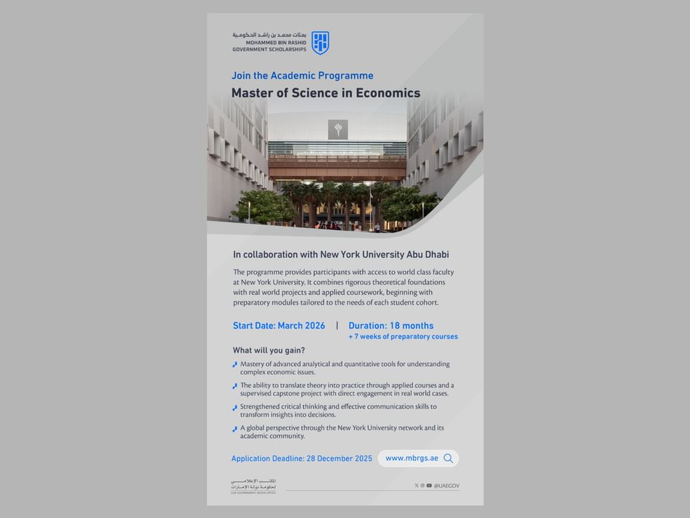 Mohammed bin Rashid Government Scholarships initiative opens registration for academic programmes in AI, Economics