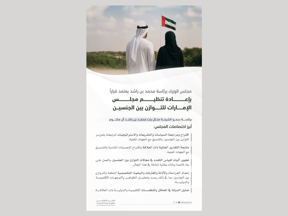 مجلس الوزراء برئاسة محمد بن راشد يعتمد قرارا بإعادة تنظيم مجلس الإمارات للتوازن بين الجنسين