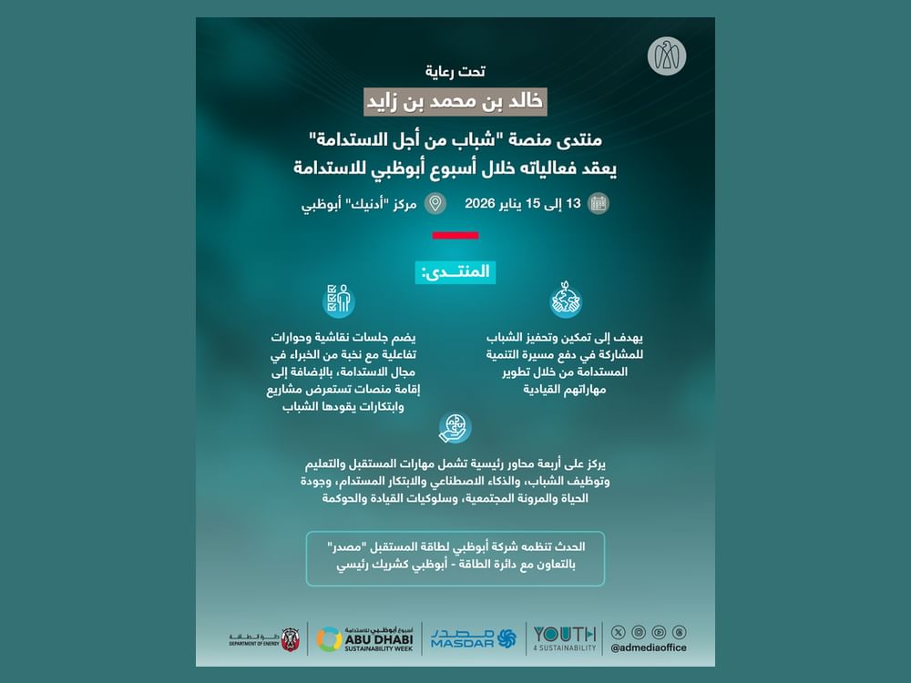 تحت رعاية خالد بن محمد بن زايد ..منتدى منصة "شباب من أجل الاستدامة" يعقد فعالياته خلال أسبوع أبوظبي للاستدامة في يناير