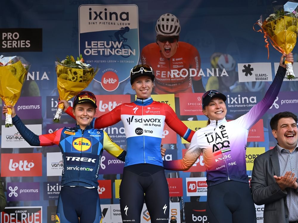 UAE Team ADQ on podium in Oetingen with Megan Jastrab