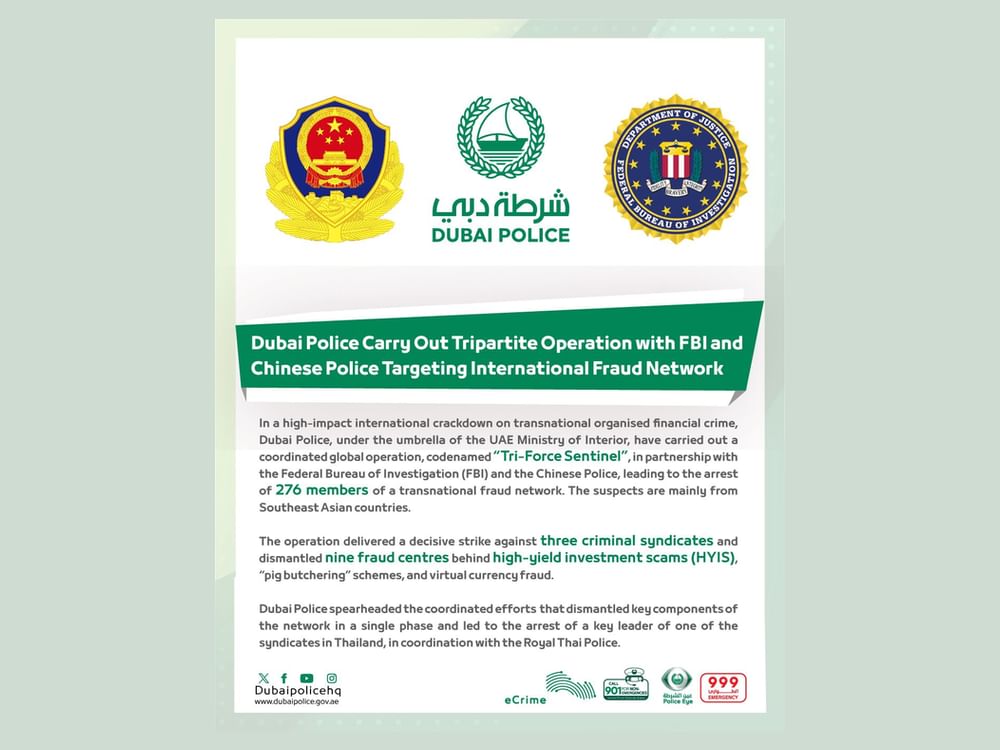 Dubai Police lead global operation with FBI, Chinese Police to arrest 276 fraud suspects