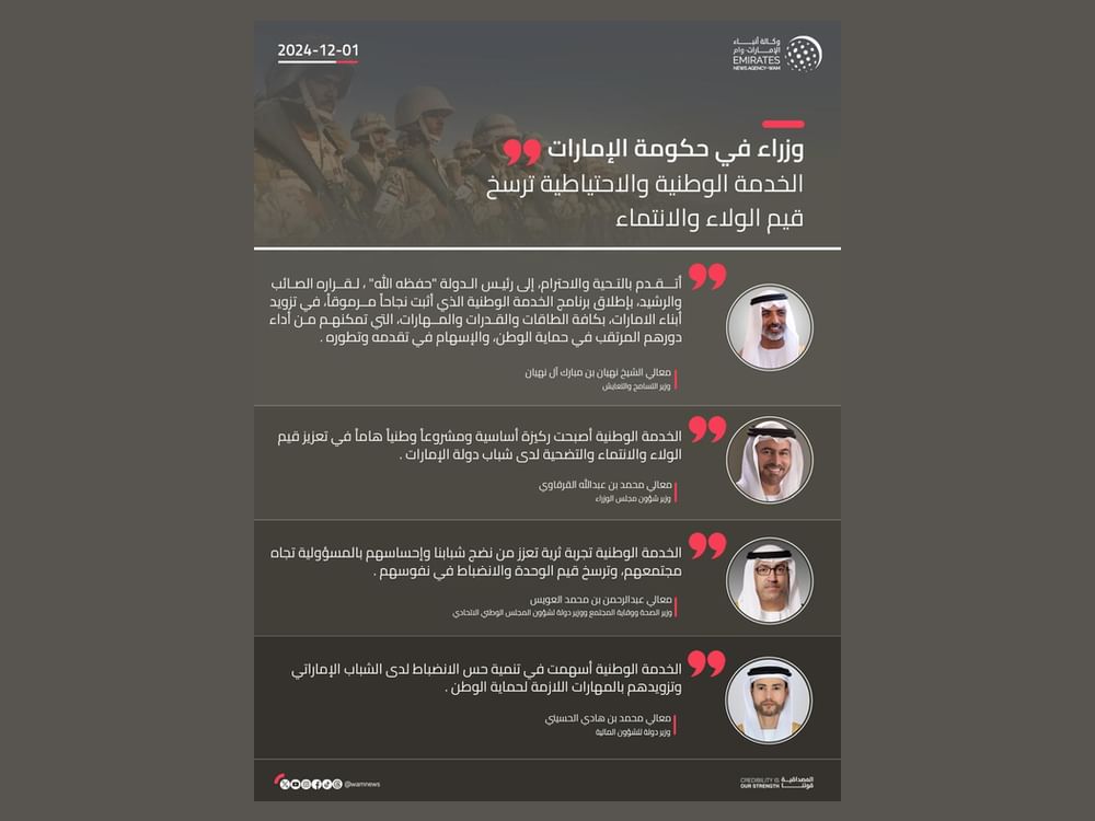 وزراء في حكومة الإمارات ... الخدمة الوطنية والاحتياطية ترسخ قيم الولاء والانتماء (1)
