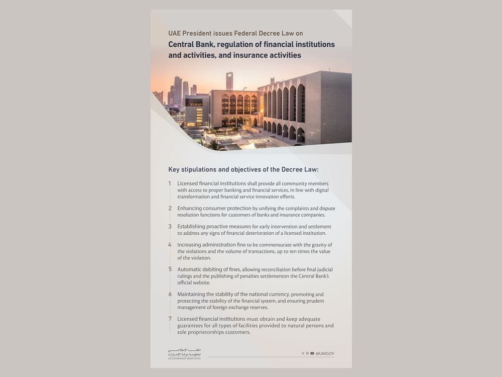 UAE President issues Federal Decree Law on Central Bank, regulation of financial institutions, insurance activities
