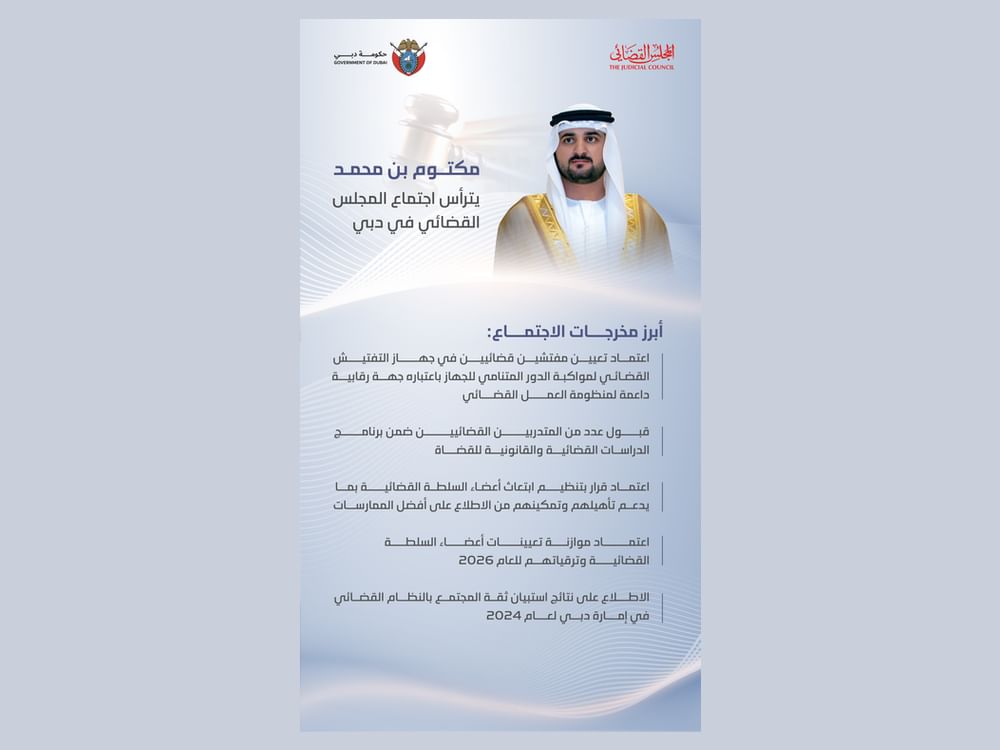 مكتوم بن محمد يترأّس اجتماع المجلس القضائي بدبي ويعتمد تعيين مفتشين قضائيين