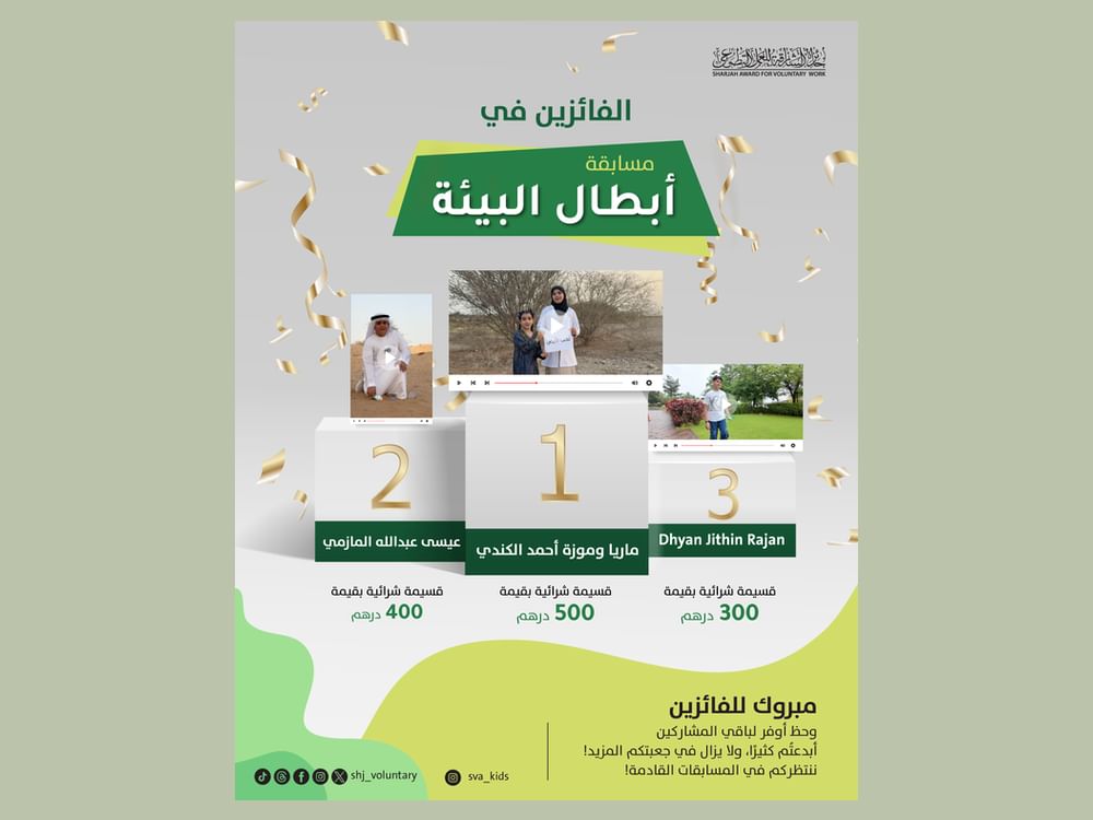 "الشارقة للعمل التطوعي" تُعلن الفائزين في مسابقة "أبطال البيئة" لتحفيز الناشئة على الممارسات البيئية المستدامة
