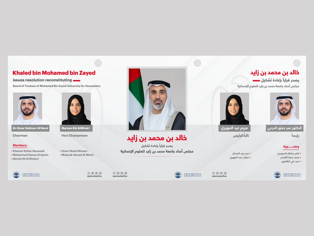 Khaled bin Mohamed bin Zayed issues resolution reconstituting Board of Trustees of Mohamed Bin Zayed University for Humanities