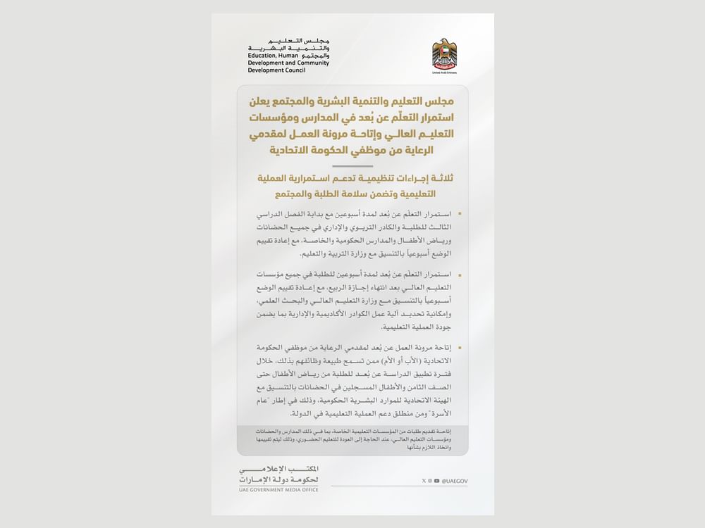 "مجلس التعليم" يعلن استمرار التعلّم عن بُعد في المدارس ومؤسسات التعليم العالي وإتاحة مرونة العمل لمقدمي الرعاية من موظفي الحكومة الاتحادية
