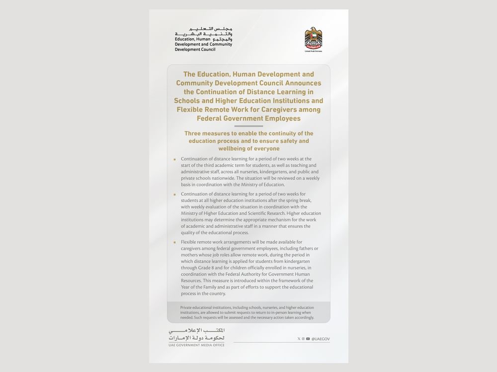 'Education Council' announces continuation of distance learning in schools, higher education institutions; flexible remote work for Federal Government caregivers