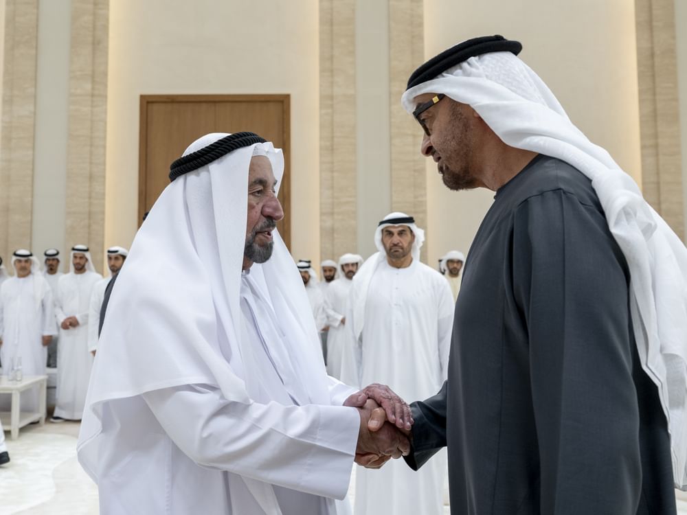 UAE President receives condolences from Rulers of Sharjah, Umm Al Qaiwain, Representative of Sultan of Oman on passing of Sheikh Tahnoun bin Mohammed
