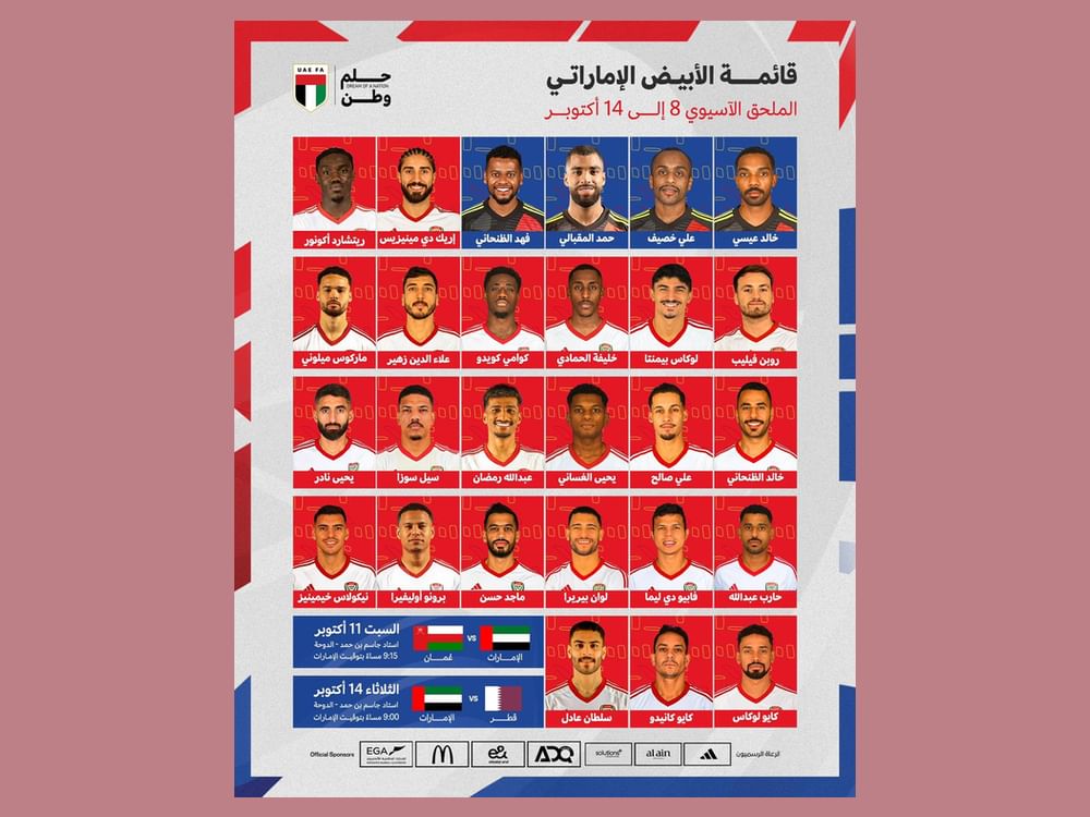 27 لاعباً في قائمة منتخب الإمارات لخوض ملحق تصفيات المونديال