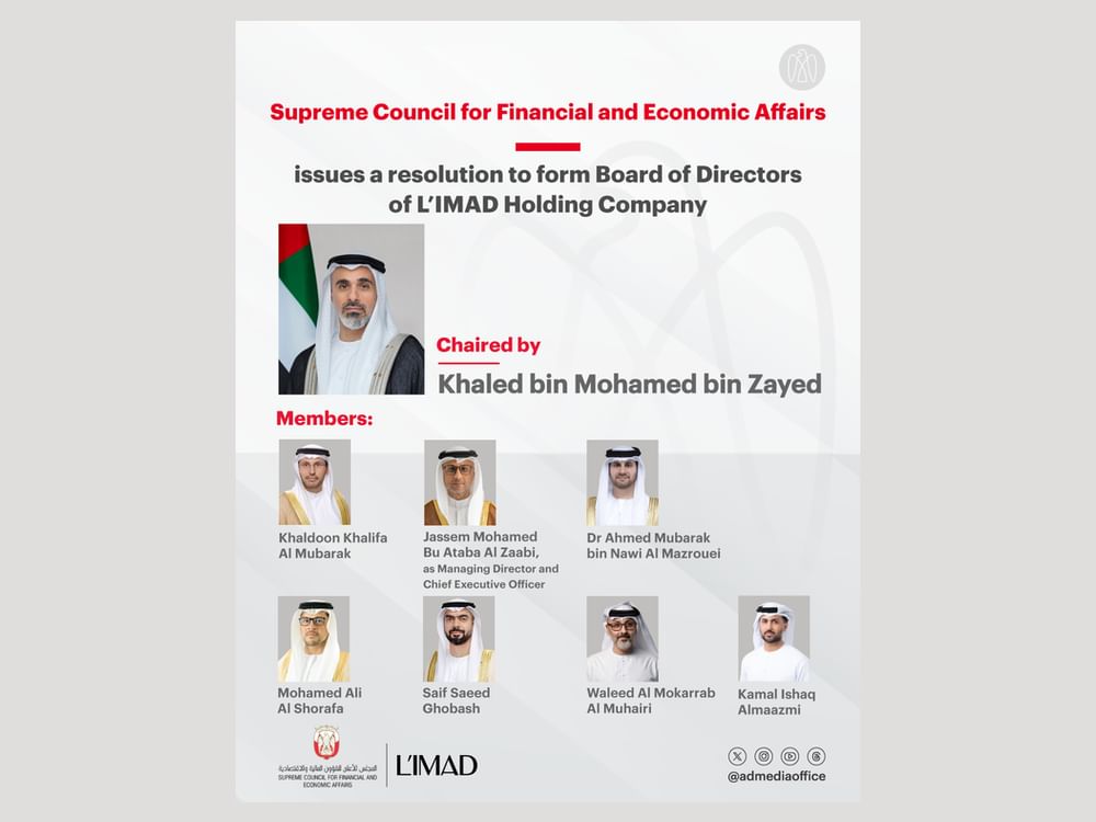 Supreme Council for Financial and Economic Affairs issues resolution forming board of L’IMAD Holding Company, chaired by Khaled bin Mohamed bin Zayed