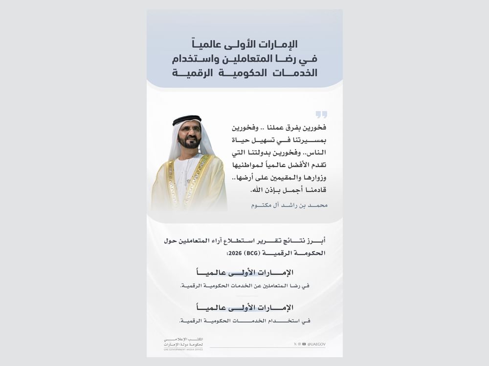 الإمارات الأولى عالميا في رضا المتعاملين واستخدام الخدمات الحكومية الرقمية