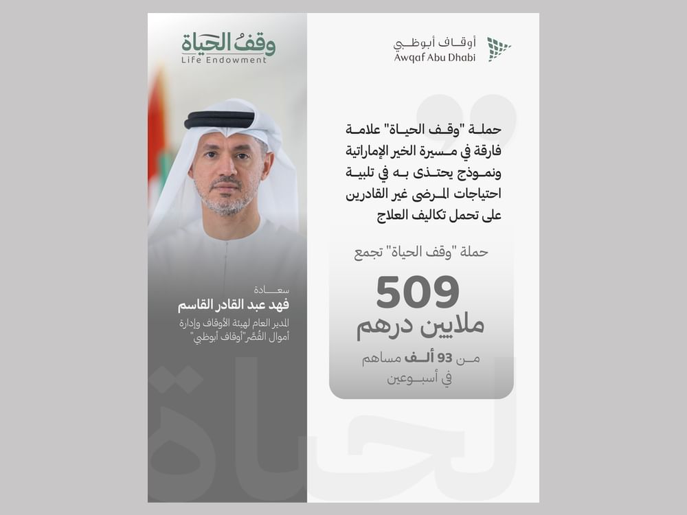 حملة "وقف الحياة" تجمع 509 ملايين درهم من 93 ألف مساهم خلال أسبوعين