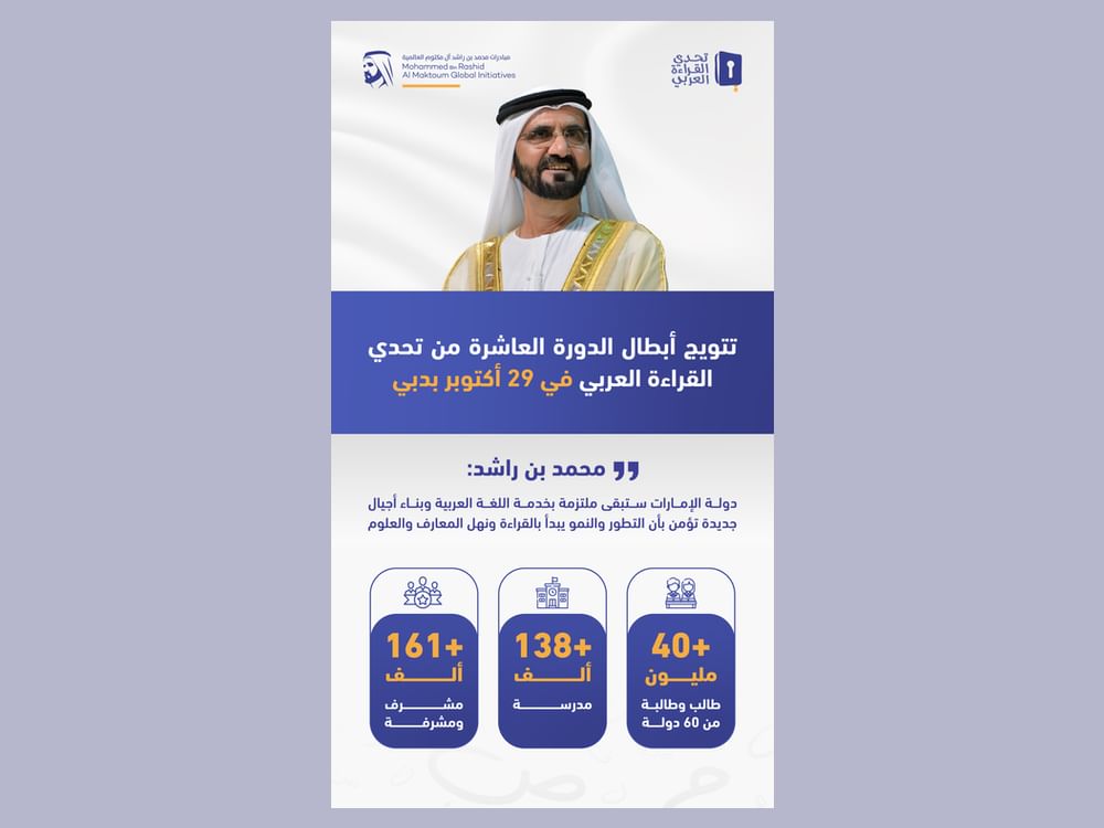 برعاية وحضور محمد بن راشد/تتويج أبطال تحدي القراءة على مستوى 60 دولة و40 مليون طالب مشارك في 29 أكتوبر