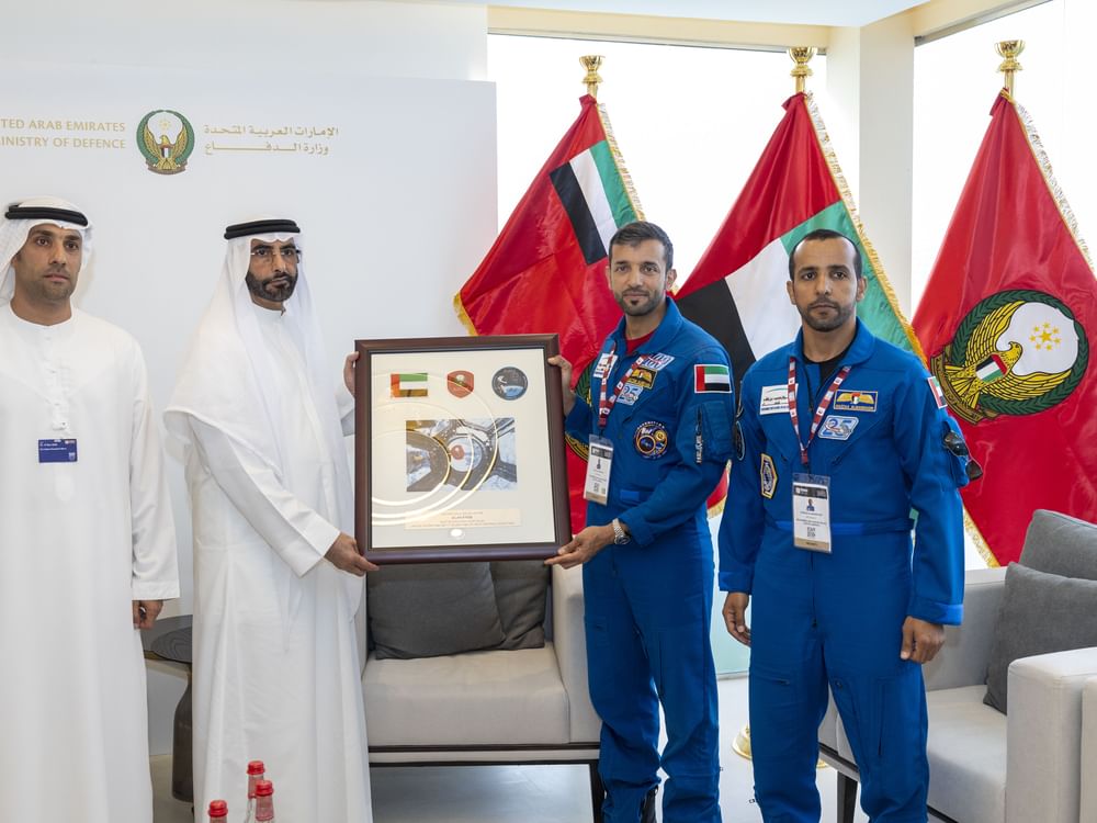 Al Bowardi receives astronauts Sultan AlNeyadi and Hazzaa AlMansoori at Dubai Airshow 2023